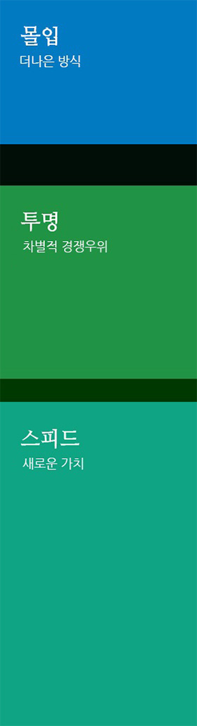 한솔그룹 기업 원칙으로 몰입,투명,스피드가 있으며,각각 더 나은 방식, 차별적 경쟁우위, 새로운 가치의 의미를 갖고 있습니다.